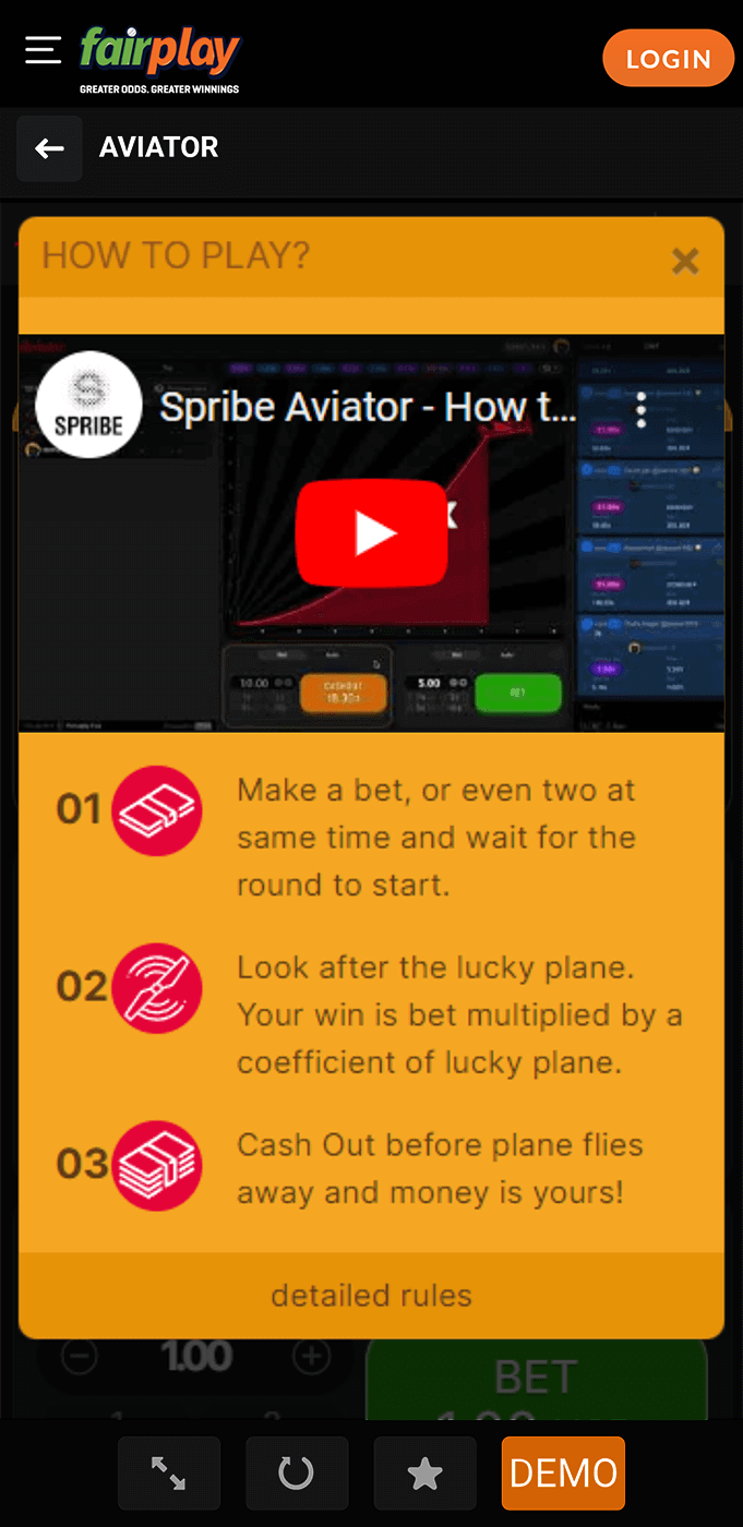 Screenshot of Aviator game rules section in Fairplay app