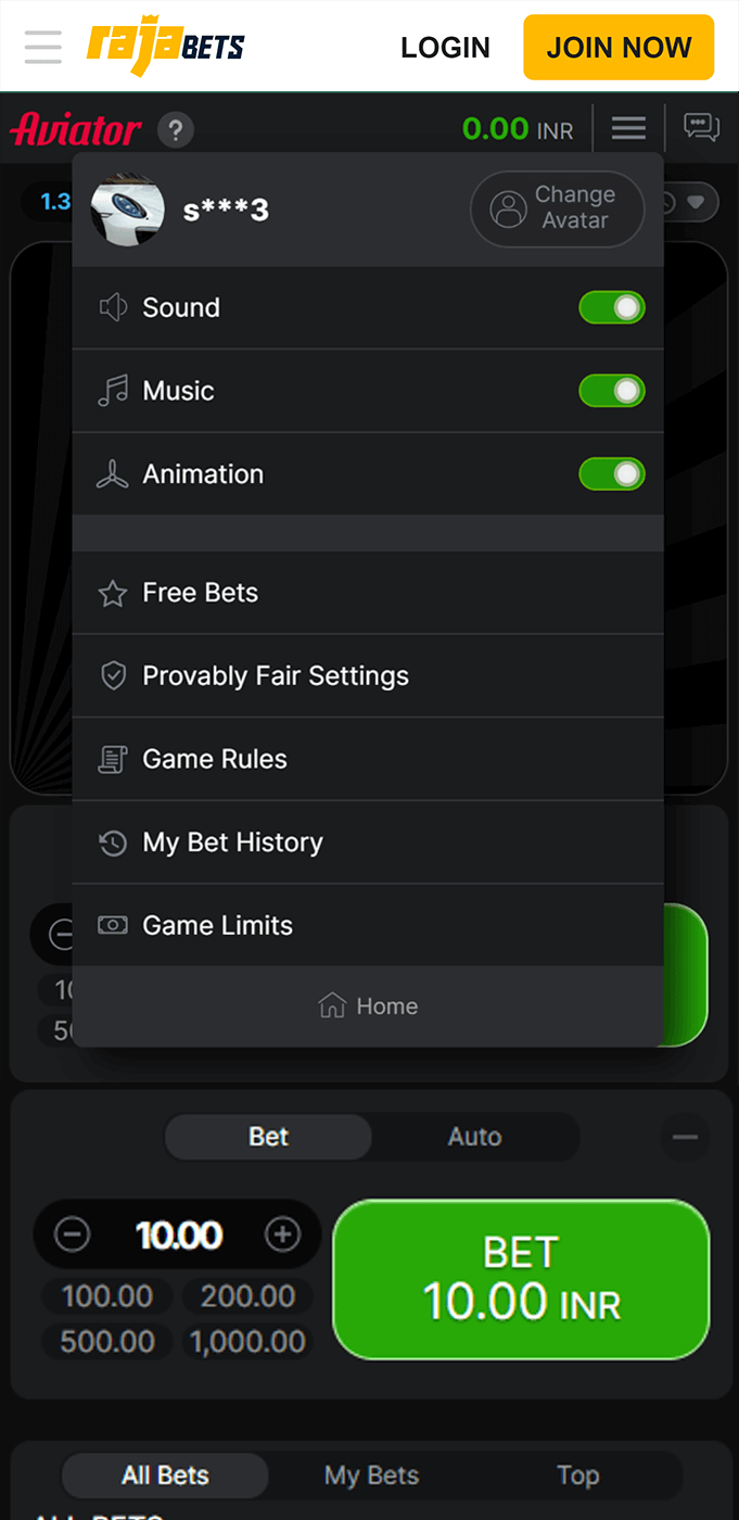 Screenshot of the main menu of Aviator game in Rajabets app