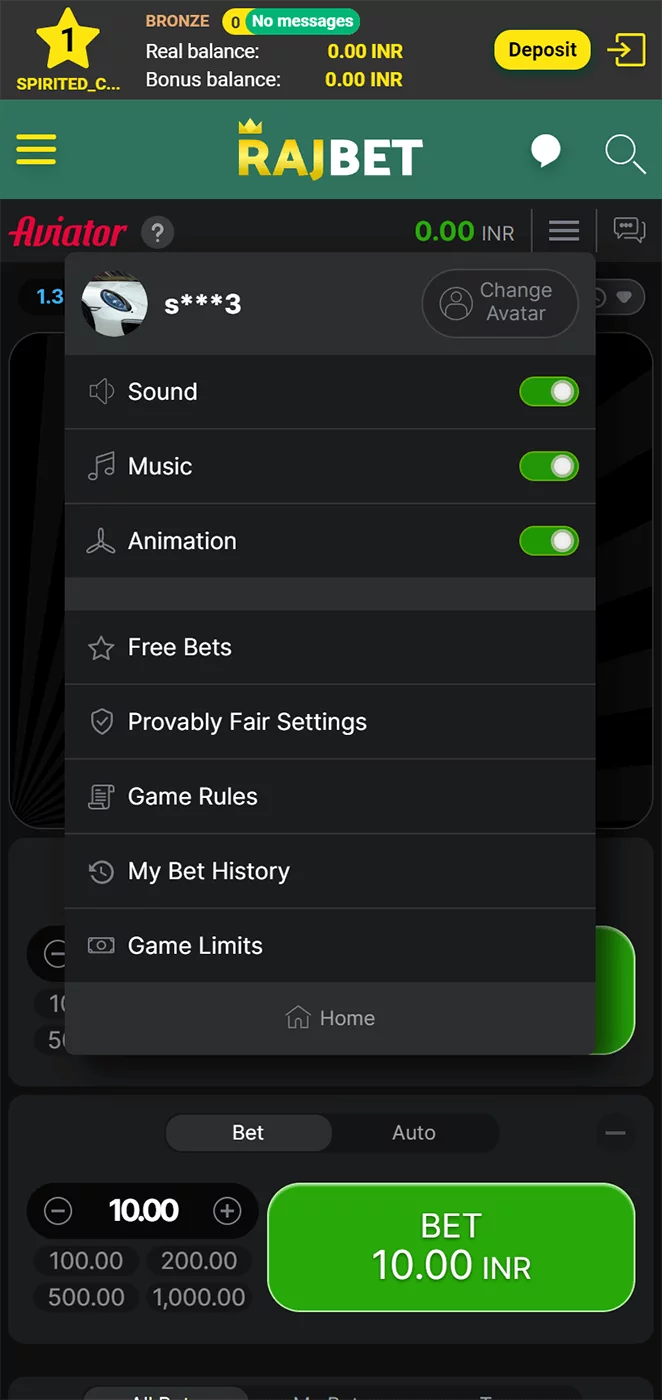 Screenshot of the main menu of Aviator game in Rajbet app