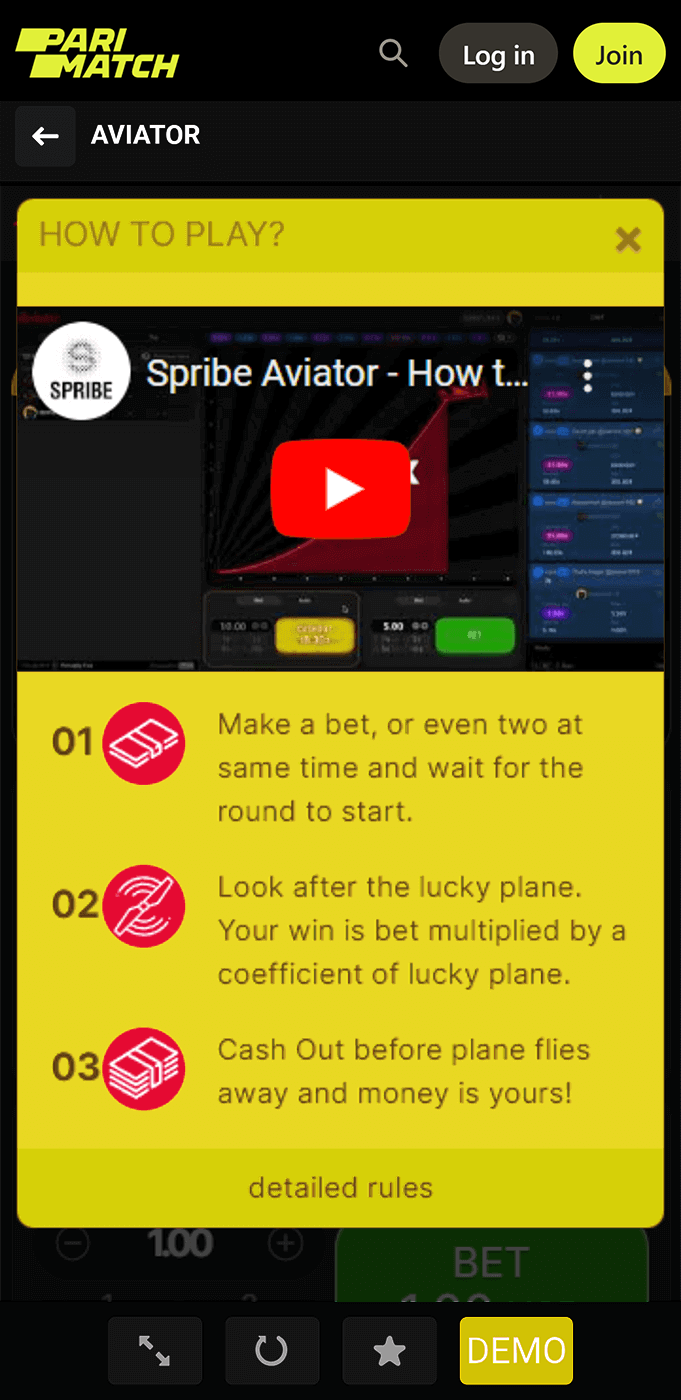 Screenshot of Aviator game rules section in Parimatch app