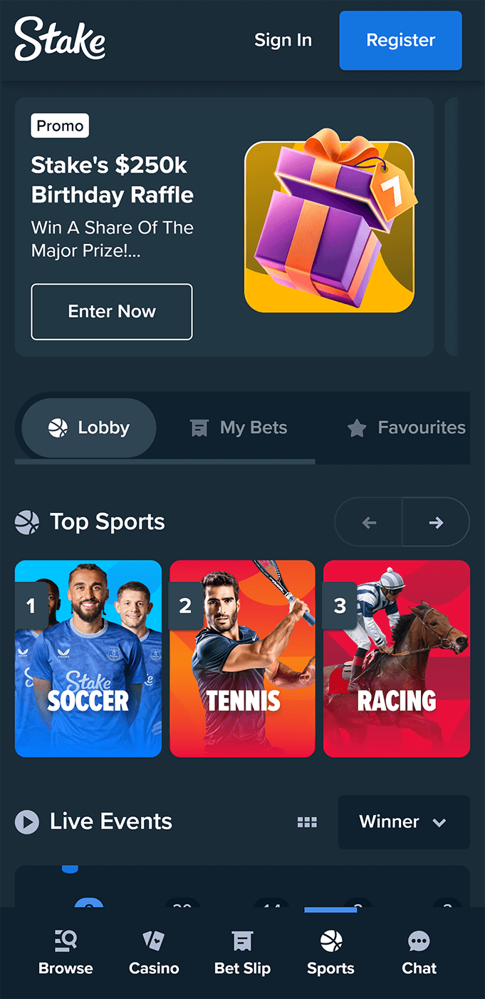 Sports betting section on the Stake App