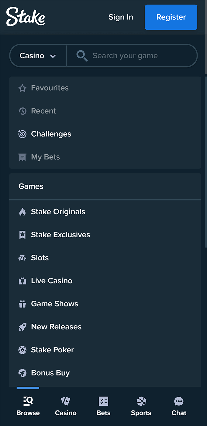 Casino menu on the Stake App