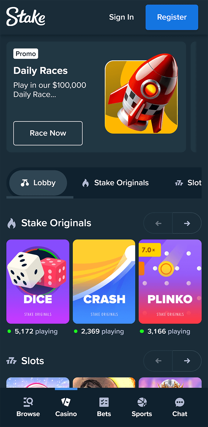 Casino section on the Stake app