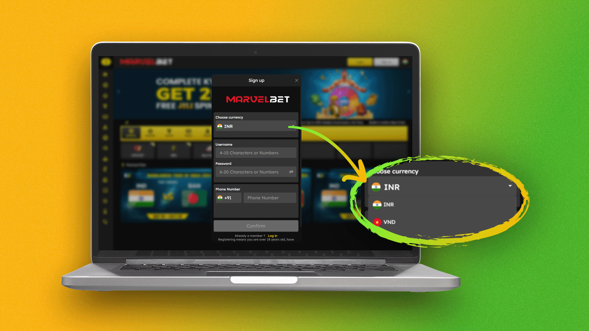 Choose your currency when registering with Marvelbet