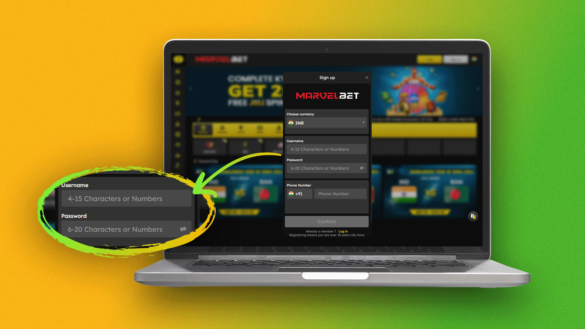 Provide a password and name to log in to Marvelbet