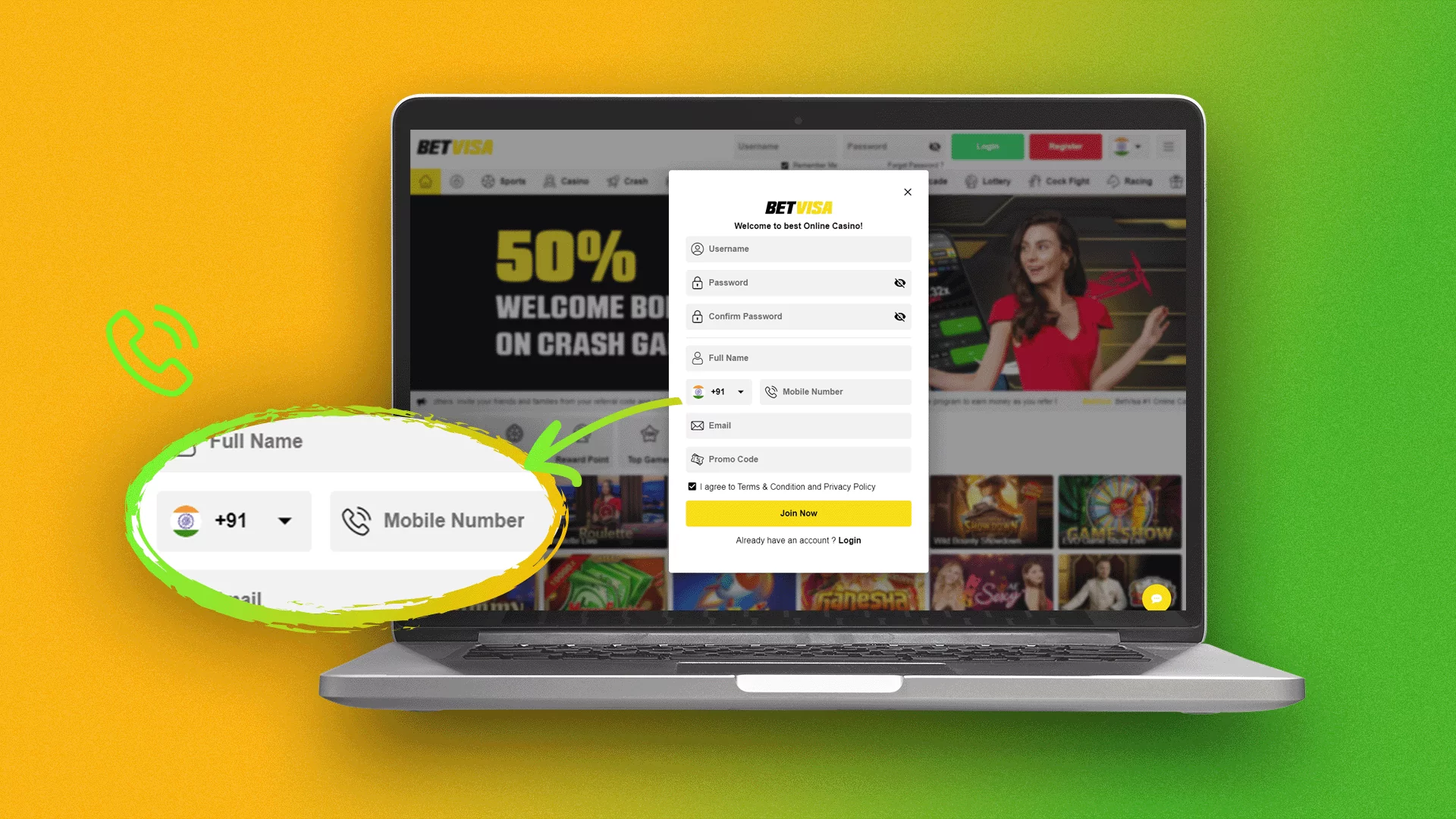 To register with BetVisa, enter your phone number