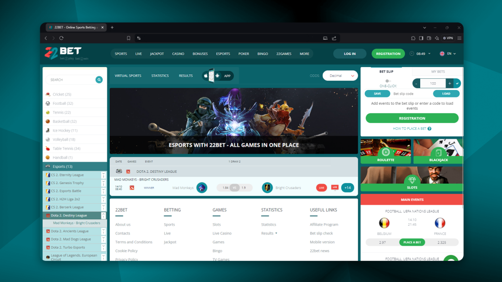 The best Dota 2 betting site is 22bet