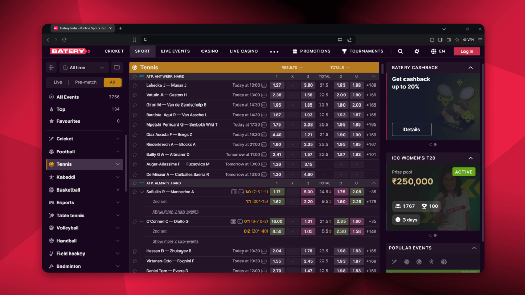 Batery is a sportsbook where you can bet on tennis matches