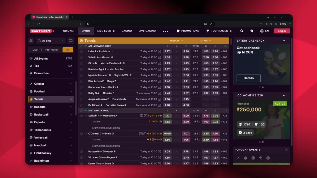 Batery is a sportsbook where you can bet on tennis matches