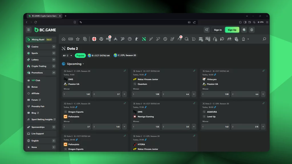 The best Dota 2 betting site is BC.Game