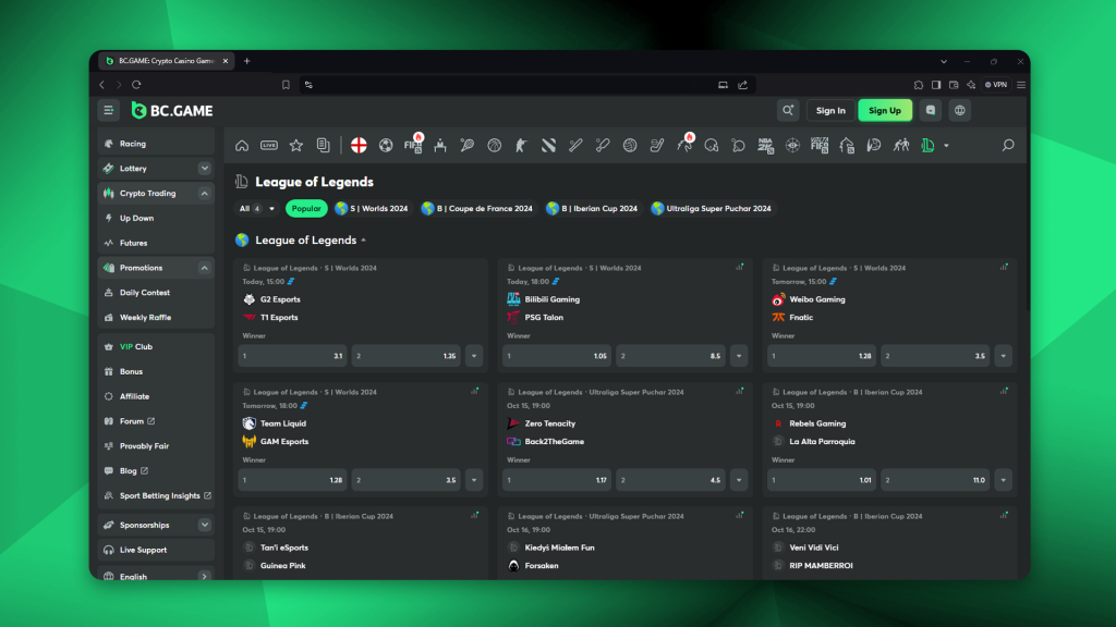 At BC.Game you can bet on League of Legends