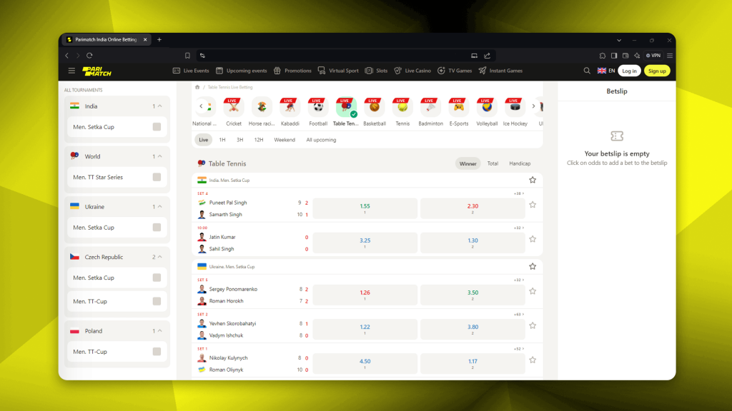 Parimatch offers great conditions for table tennis betting