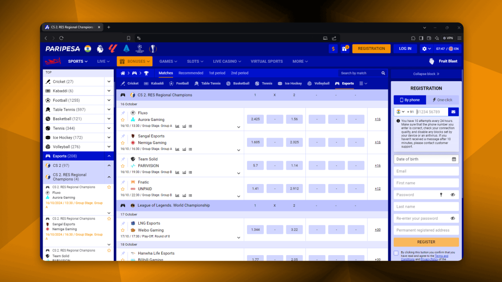 The best bookmaker Paripesa provides bets on CS2