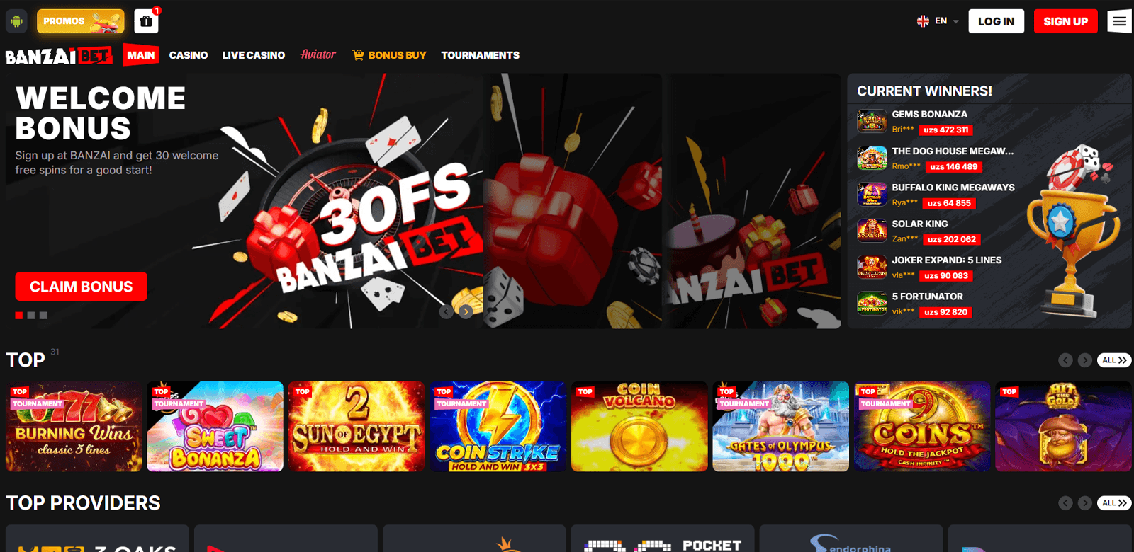 Screenshot of the main page of Banzaibet bookmaker office