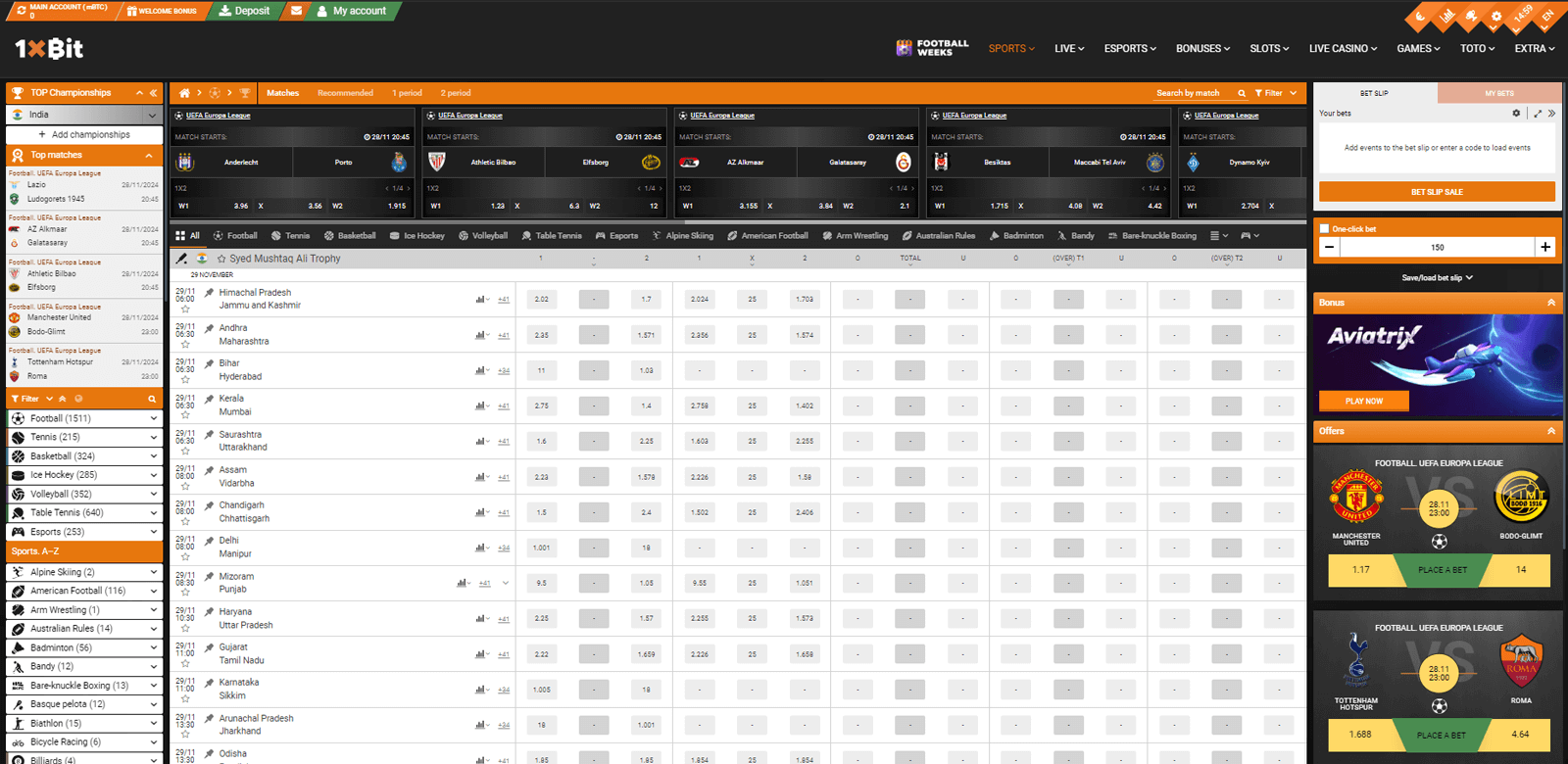 1xBit sports betting page