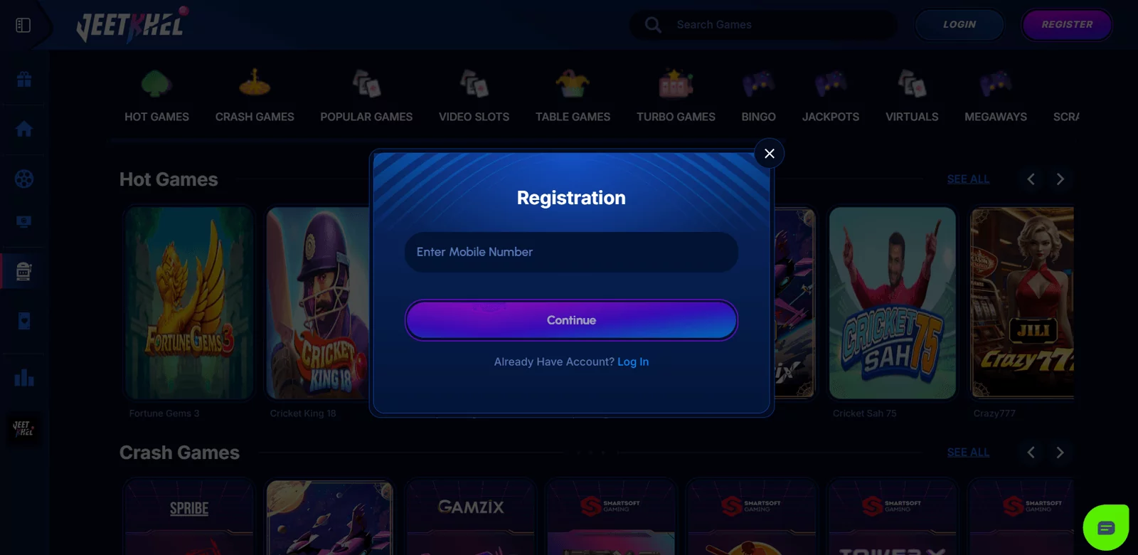 Screenshot of the registration page of the Jeetkhel bookmaker website