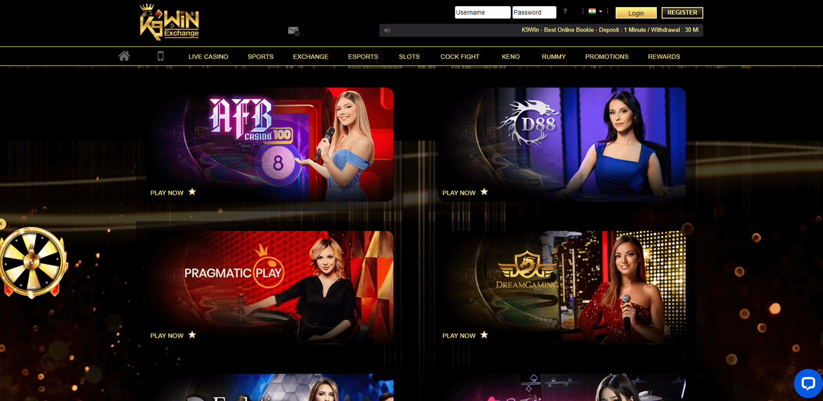 Screenshot of the live casino page at k9win betting company