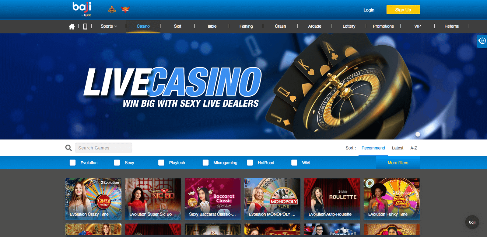 Screenshot of casino page at Baji live betting company