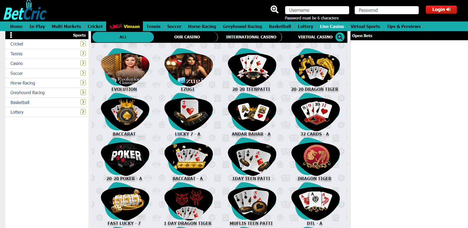 Betcric live casino section