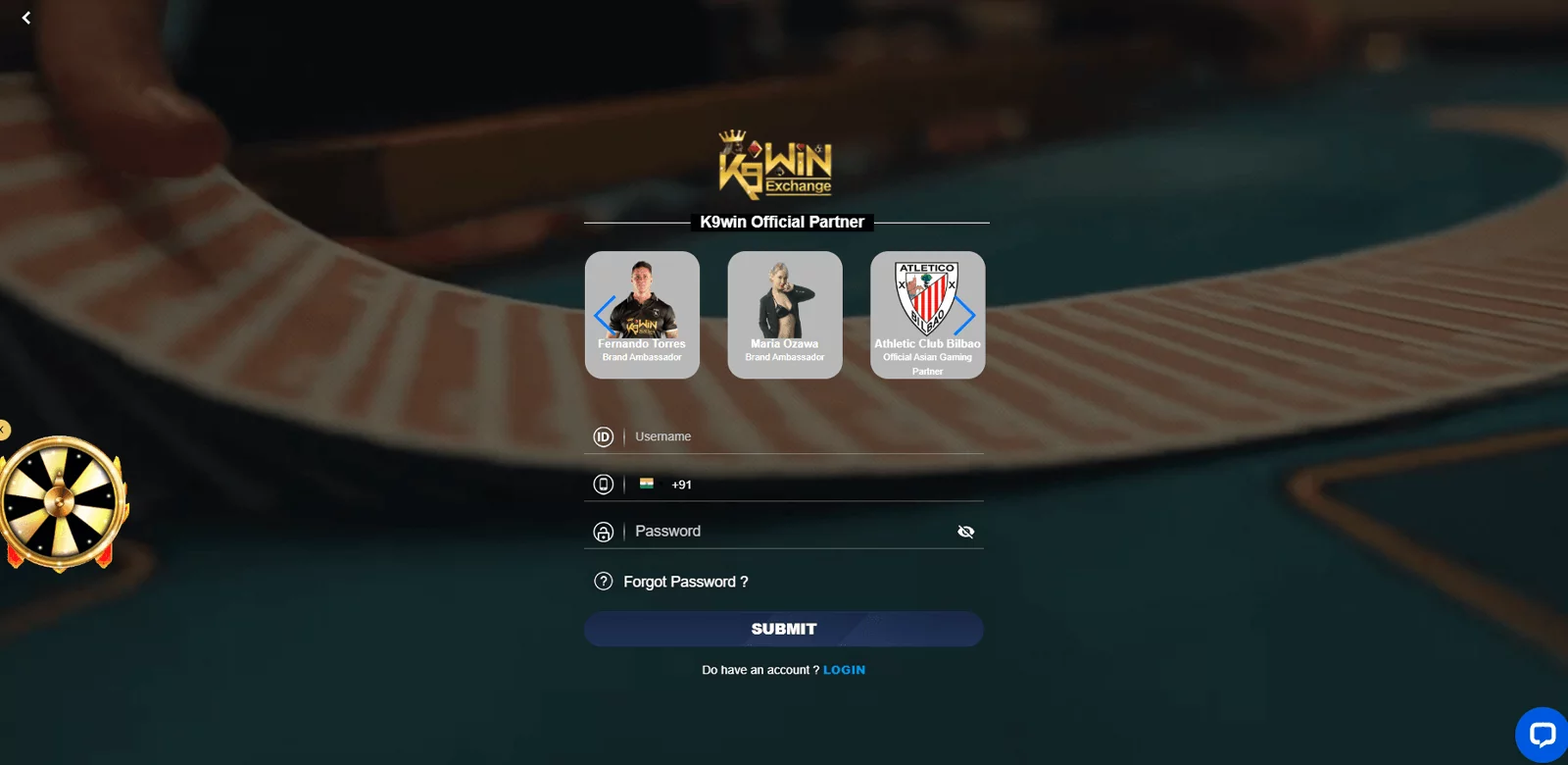 Screenshot of the registration page of the k9win bookmaker website