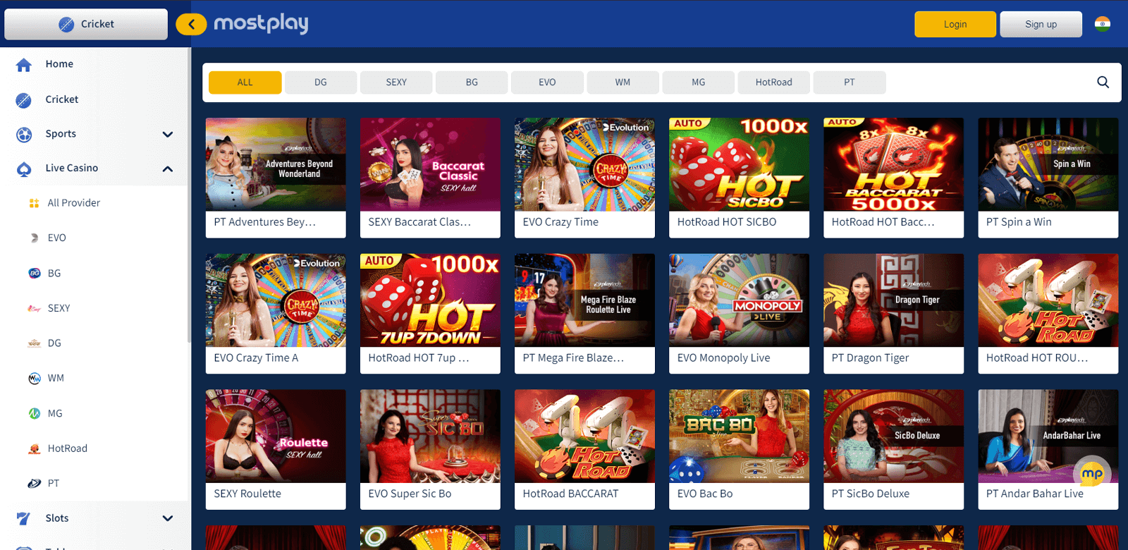 Screenshot of the casino page at Mostplay betting site