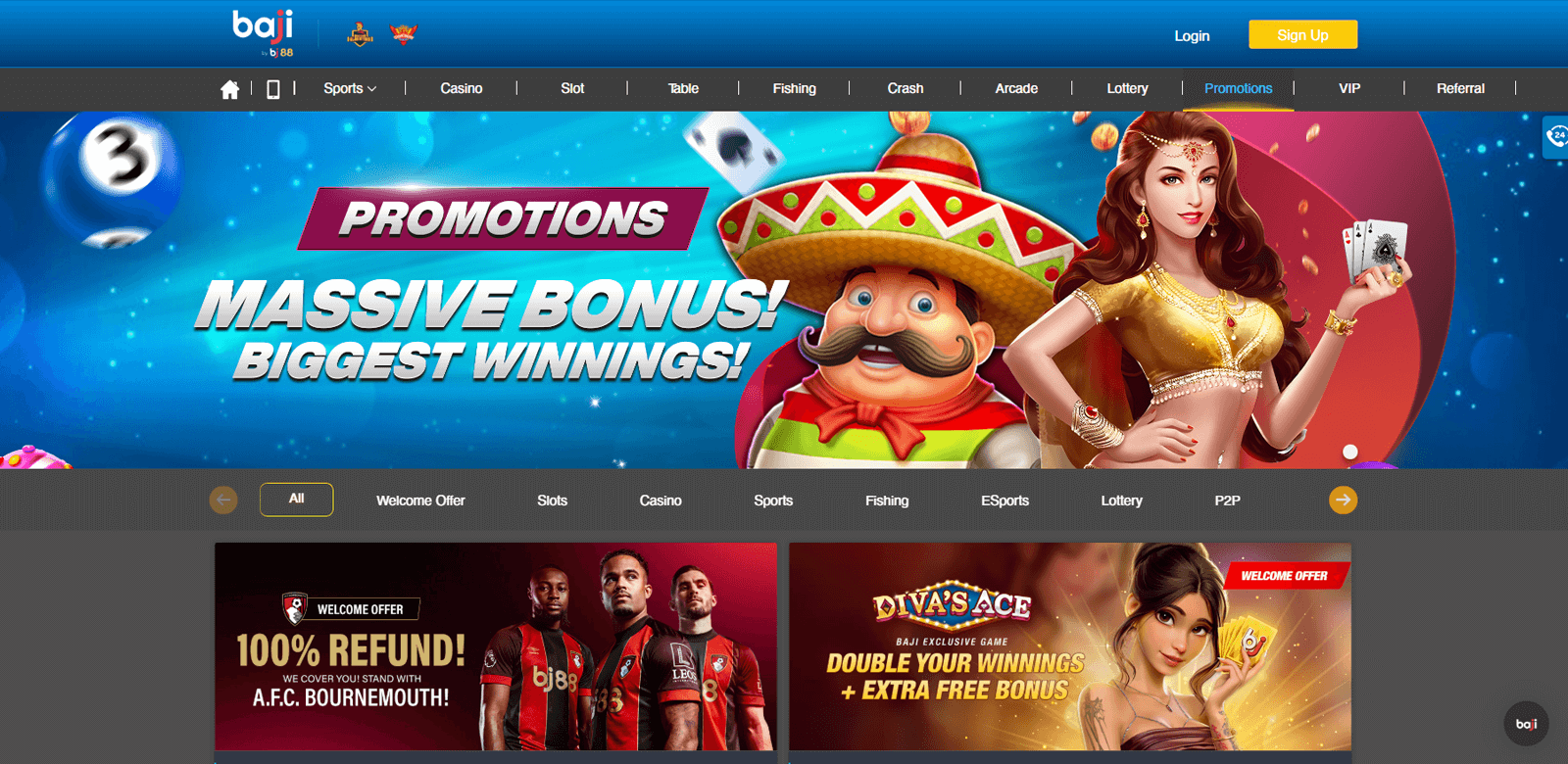 Screenshot of the page with promotions and bonuses on the website of the bookmaker Baji live