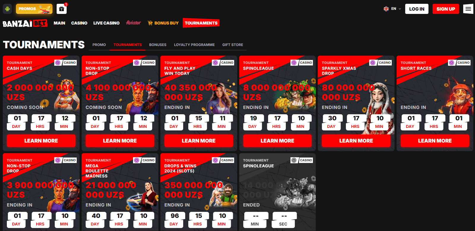 Page with tournaments in the betting site Banzaibet