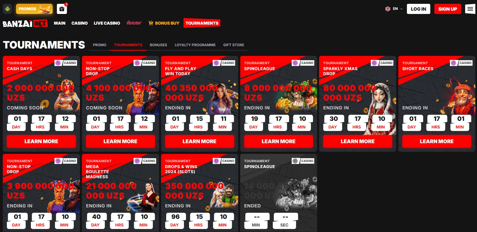 Page with tournaments in the betting site Banzaibet