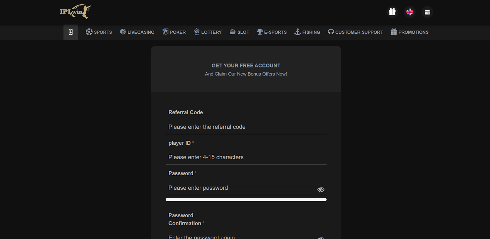 Registration page in the betting site IPLwin