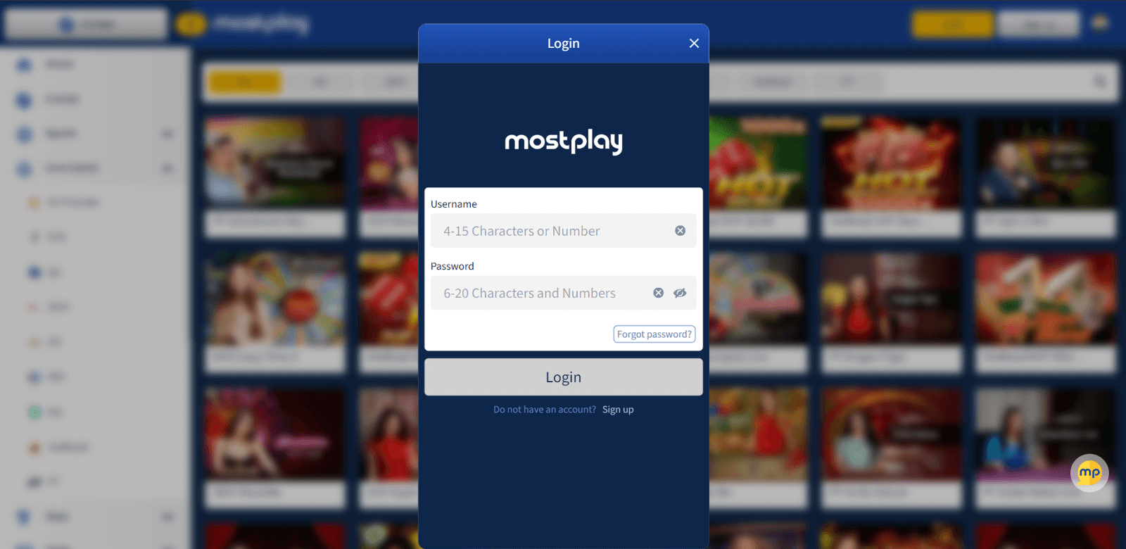 Login page of Mostplay betting site