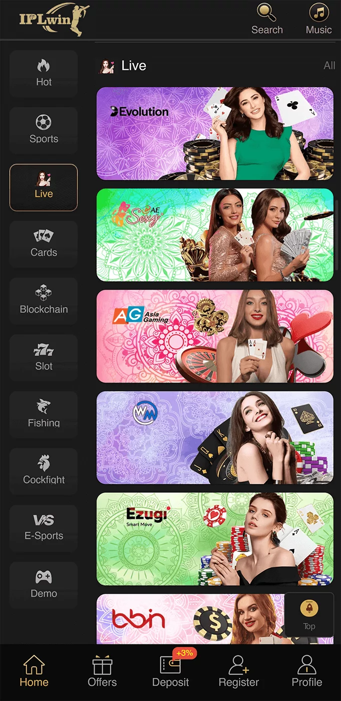 Live Dealers section in IPLwin app