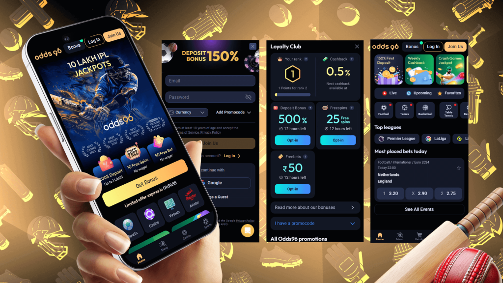 Screenshot of Odds96 mobile app for cricket betting