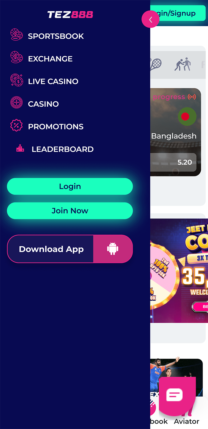 Tez888 Mobile App Menu