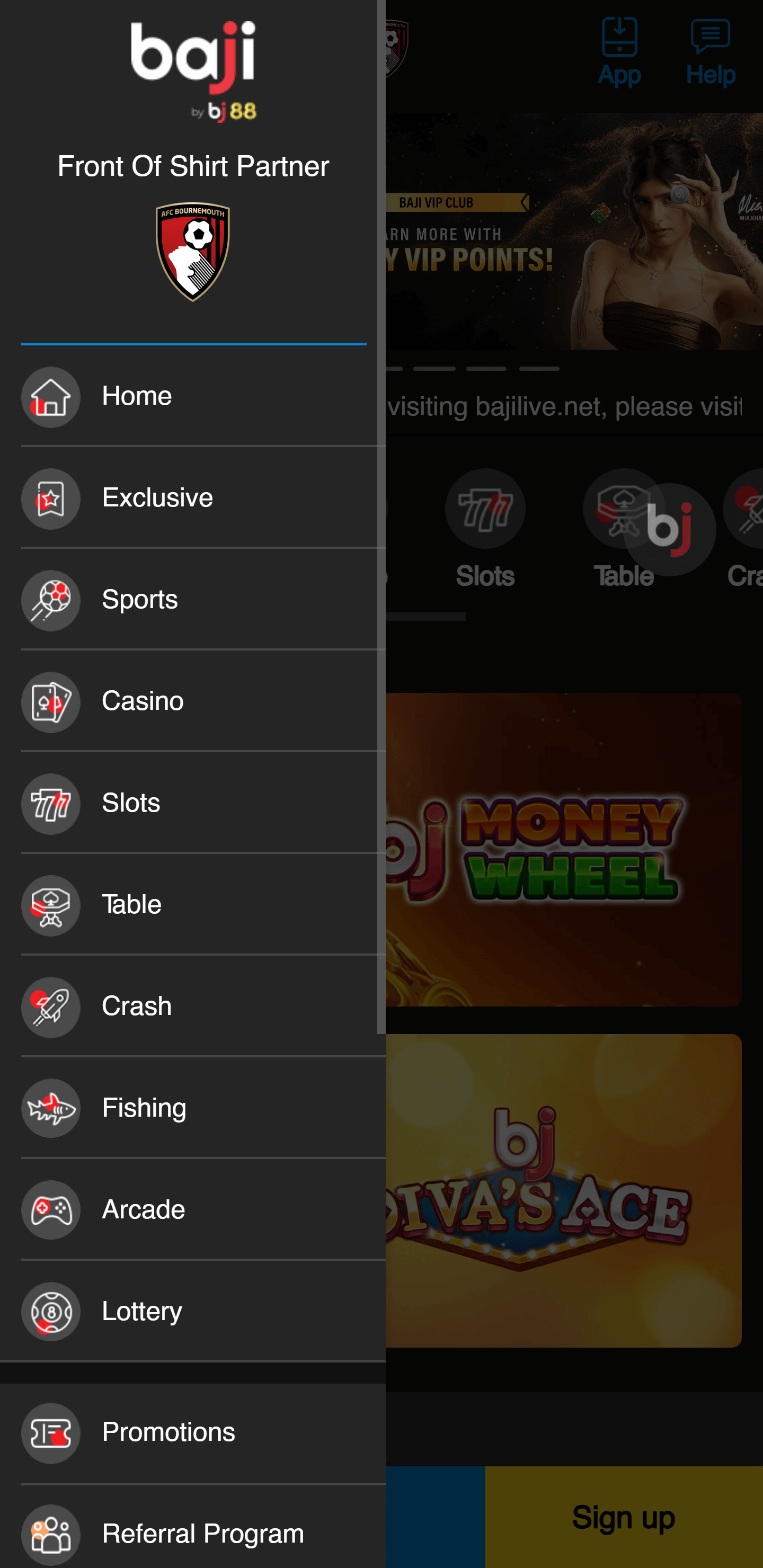 Baji Life mobile app menu