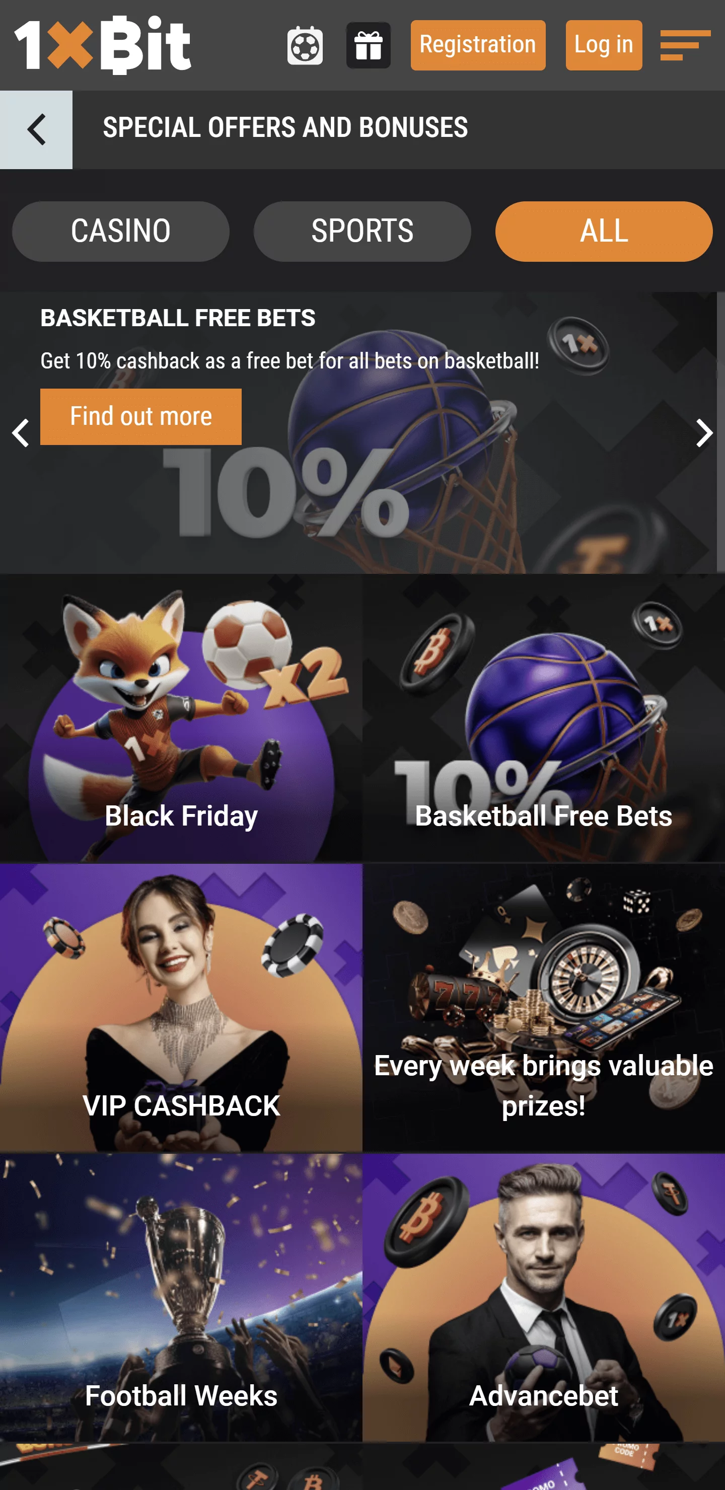 Promotions section in the 1xbit app