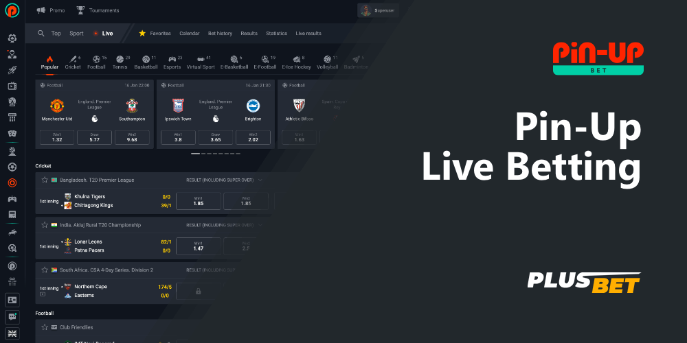 Live bets section at pinup website